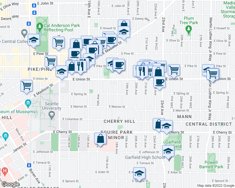 map of restaurants, bars, coffee shops, grocery stores, and more near E Spring St & 18th Ave in Seattle