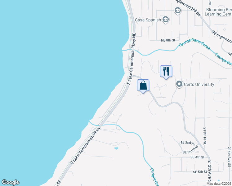 map of restaurants, bars, coffee shops, grocery stores, and more near 227 East Lake Sammamish Shore Lane Northeast in Seattle