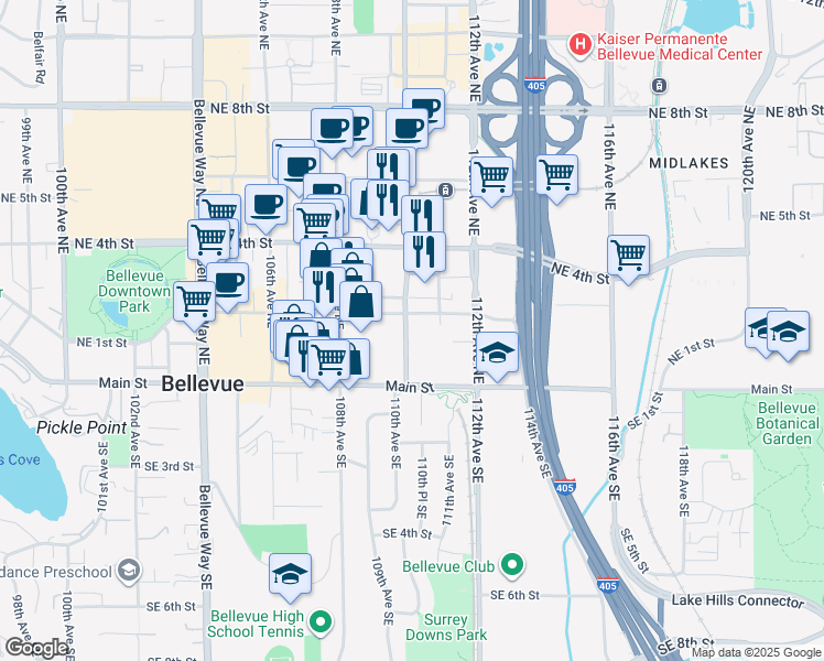 map of restaurants, bars, coffee shops, grocery stores, and more near 110 110th Avenue Northeast in Bellevue