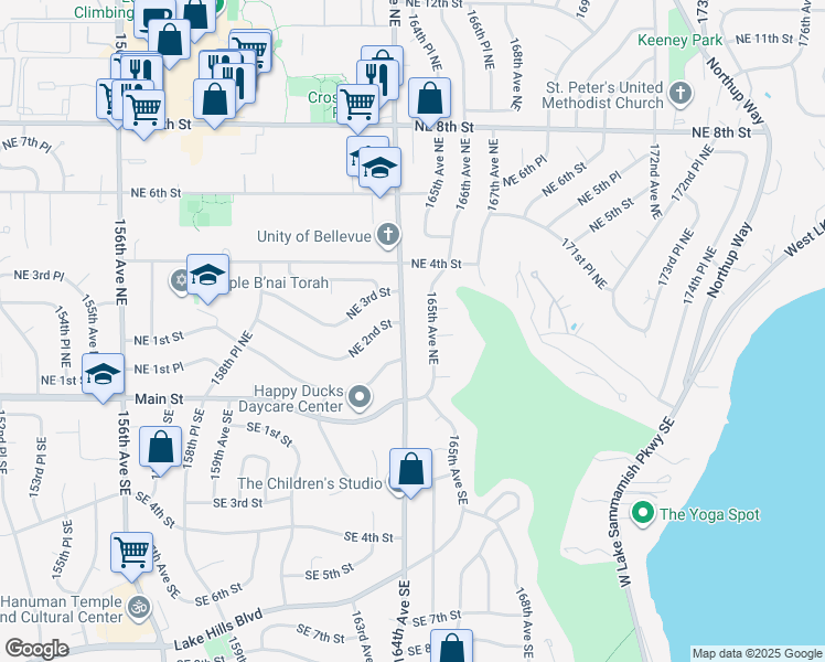 map of restaurants, bars, coffee shops, grocery stores, and more near 130 164th Avenue Southeast in Bellevue