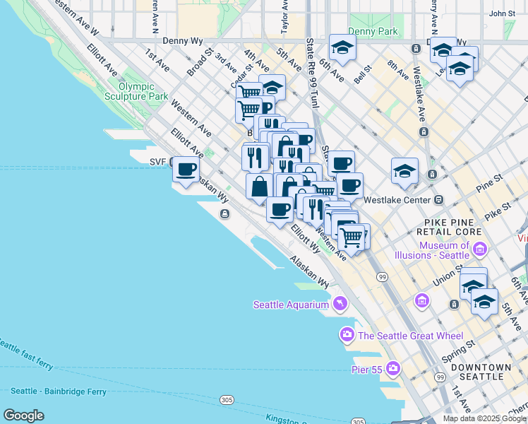 map of restaurants, bars, coffee shops, grocery stores, and more near 2211 Elliott Avenue in Seattle