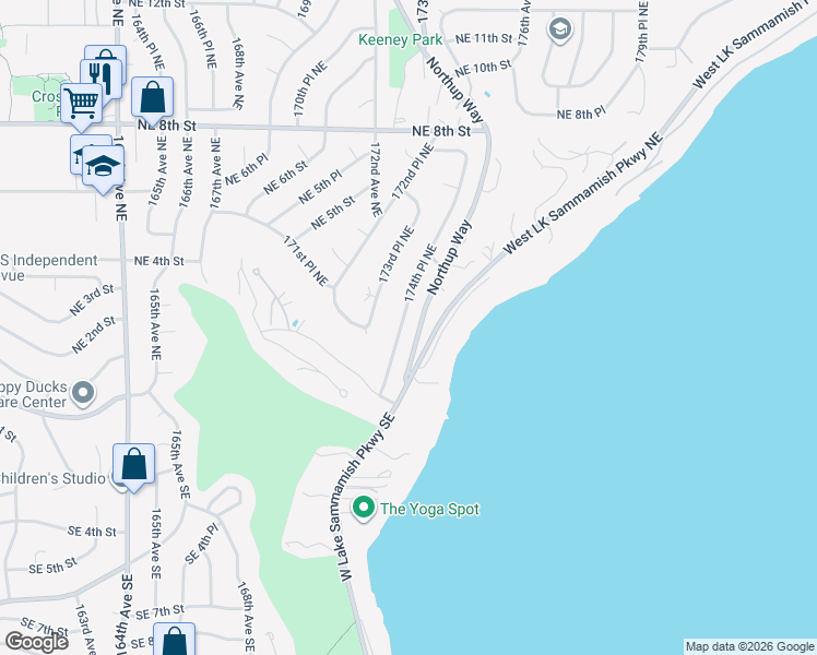 map of restaurants, bars, coffee shops, grocery stores, and more near 206 174th Place Northeast in Bellevue