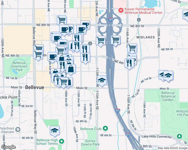 map of restaurants, bars, coffee shops, grocery stores, and more near 123 112th Avenue Northeast in Bellevue