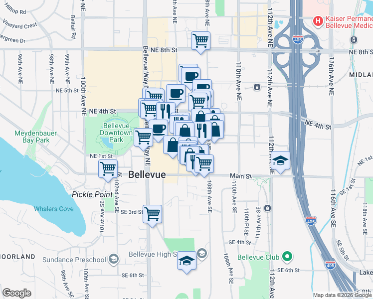 map of restaurants, bars, coffee shops, grocery stores, and more near 177 107th Avenue Northeast in Bellevue