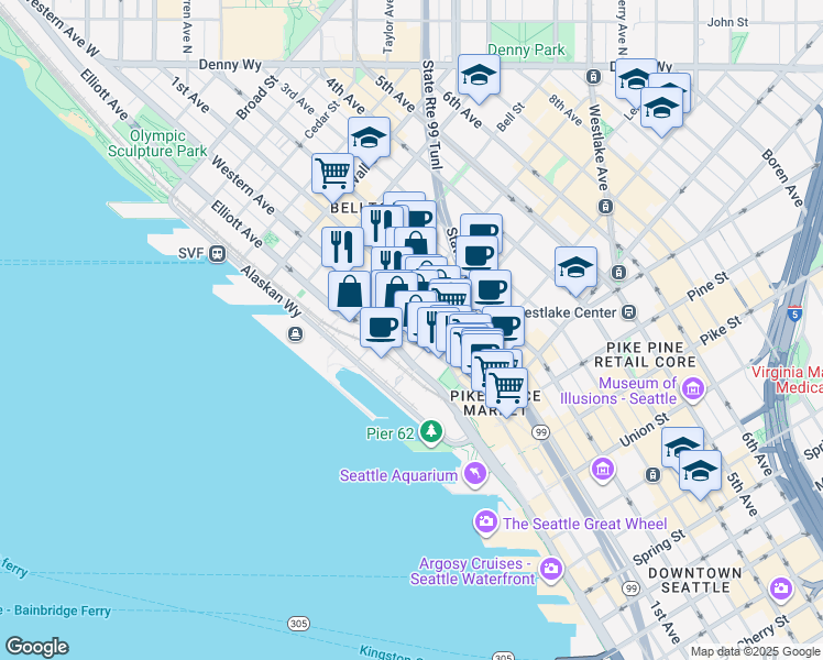 map of restaurants, bars, coffee shops, grocery stores, and more near 2134 Western Avenue in Seattle