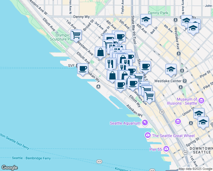 map of restaurants, bars, coffee shops, grocery stores, and more near Bell Street Pedestrian Bridge in Seattle