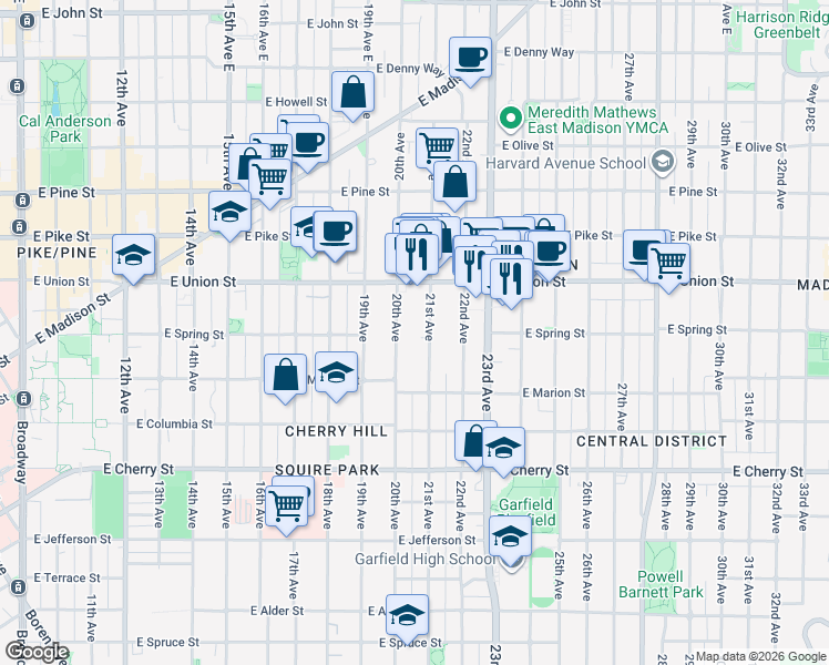 map of restaurants, bars, coffee shops, grocery stores, and more near in Seattle