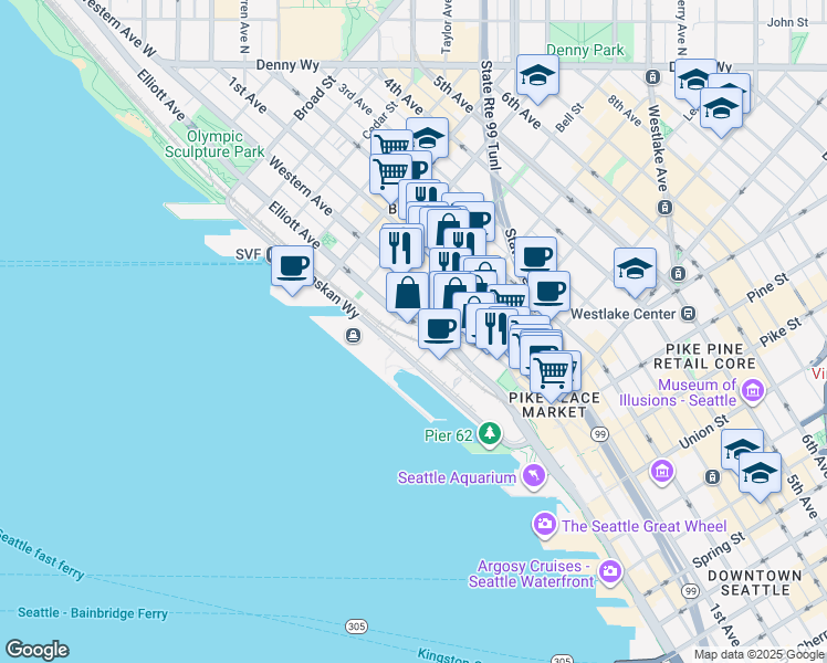 map of restaurants, bars, coffee shops, grocery stores, and more near 2211 Elliott Avenue in Seattle