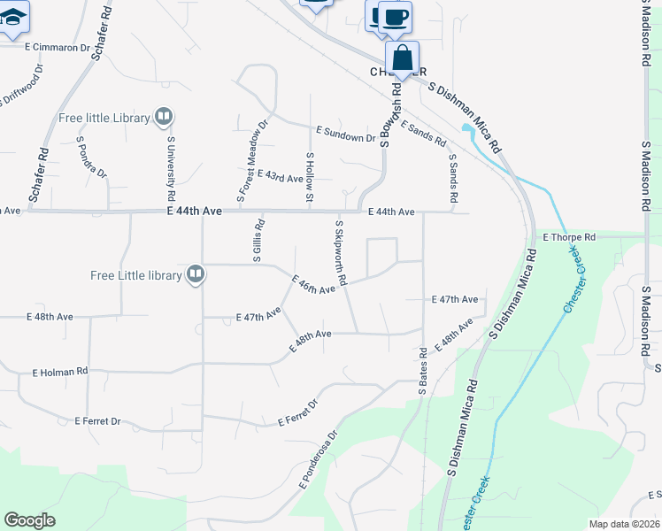 map of restaurants, bars, coffee shops, grocery stores, and more near 4520 South Skipworth Road in Spokane Valley