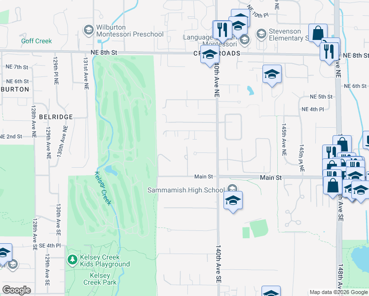map of restaurants, bars, coffee shops, grocery stores, and more near 13730 Main Street in Bellevue