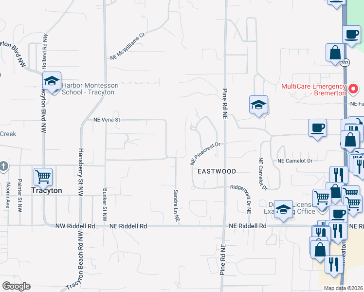 map of restaurants, bars, coffee shops, grocery stores, and more near 427 Ridge Lane Northeast in Bremerton