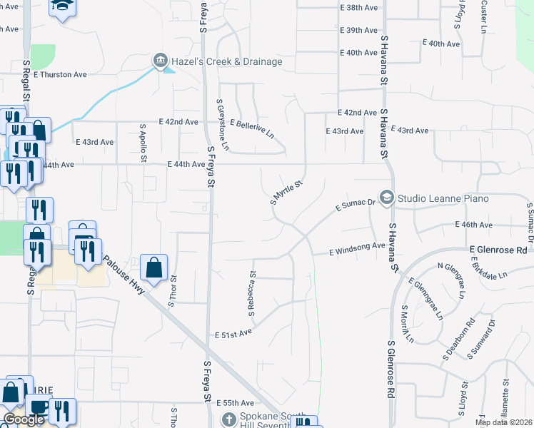 map of restaurants, bars, coffee shops, grocery stores, and more near 4620 South Myrtle Street in Spokane