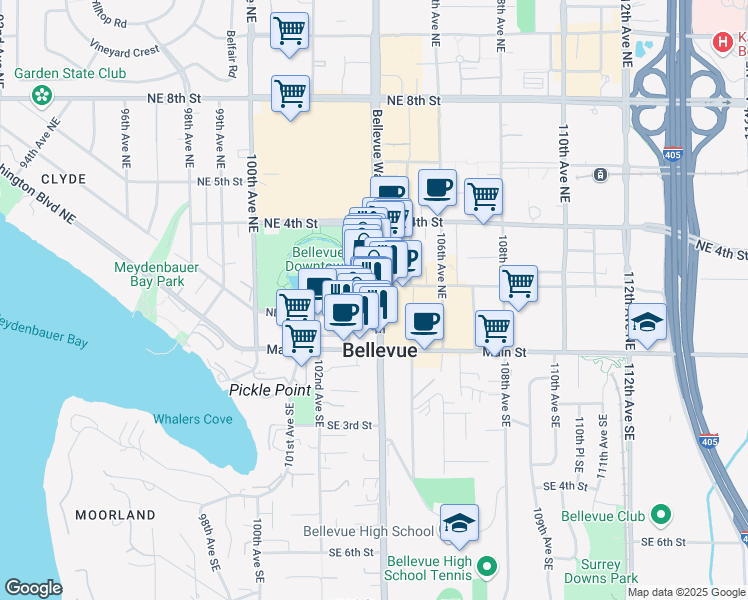 map of restaurants, bars, coffee shops, grocery stores, and more near 113 Bellevue Way Northeast in Bellevue