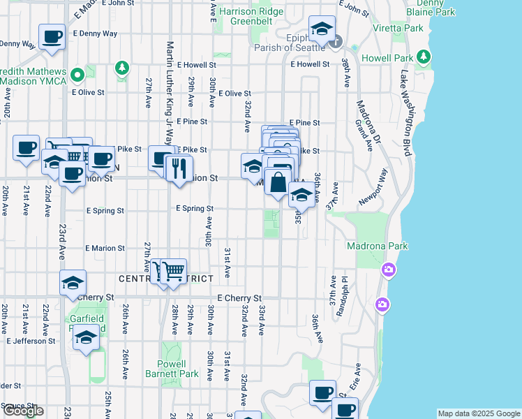 map of restaurants, bars, coffee shops, grocery stores, and more near 3211 East Spring Street in Seattle