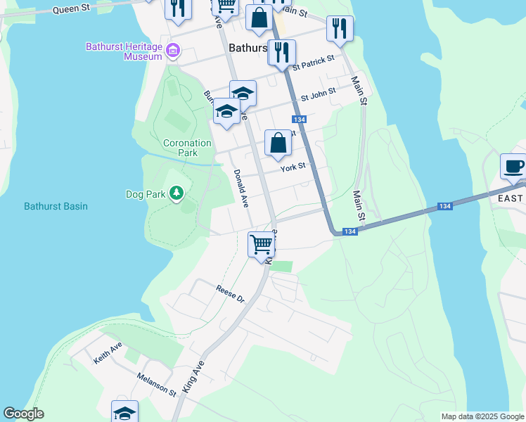 map of restaurants, bars, coffee shops, grocery stores, and more near 860 King Avenue in Bathurst