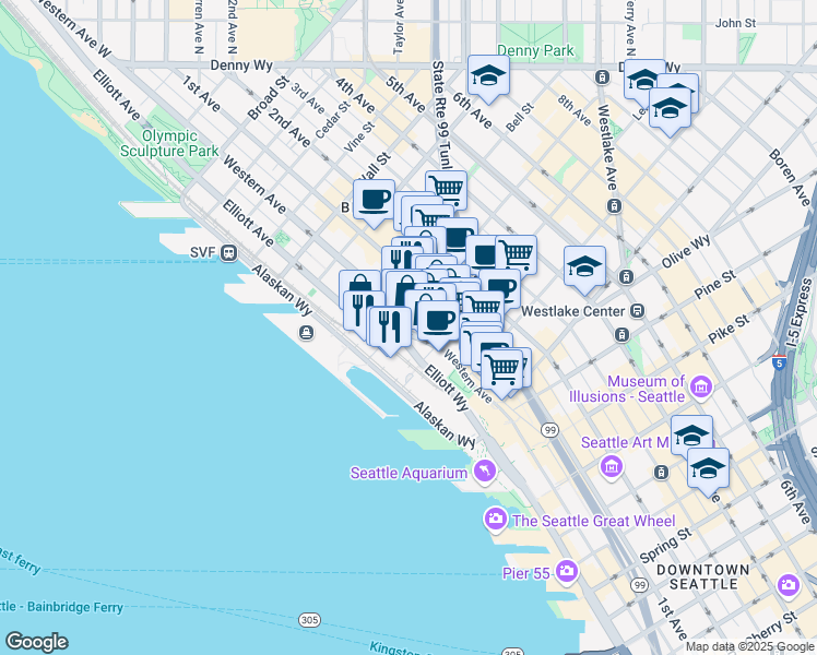 map of restaurants, bars, coffee shops, grocery stores, and more near 2125 Western Avenue in Seattle