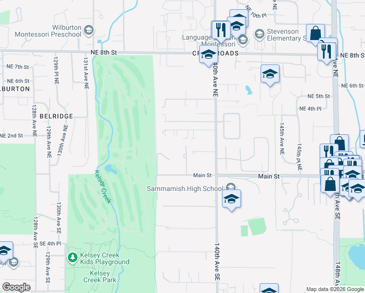 map of restaurants, bars, coffee shops, grocery stores, and more near 13730 Main Street in Bellevue