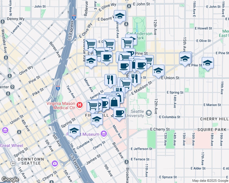 map of restaurants, bars, coffee shops, grocery stores, and more near 1115 Boylston Avenue in Seattle