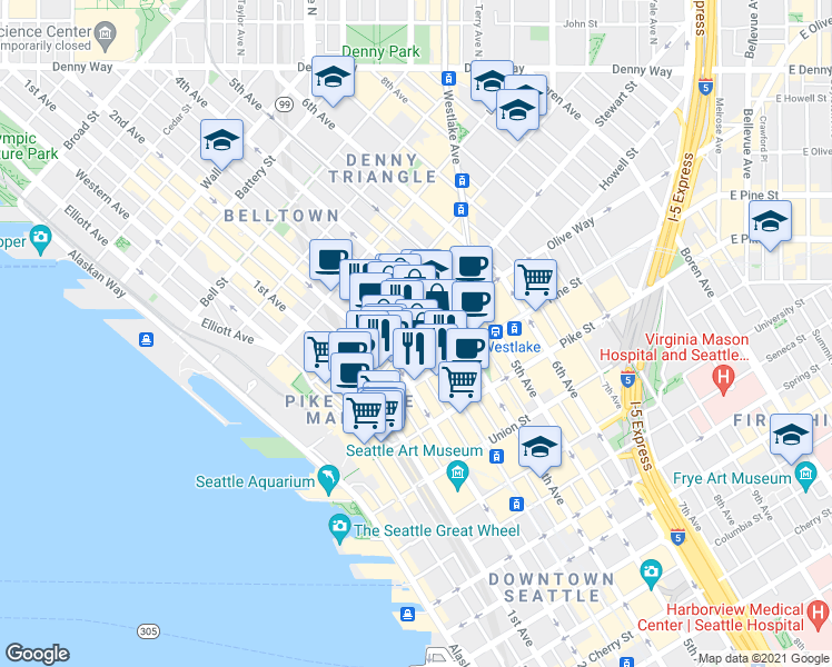 map of restaurants, bars, coffee shops, grocery stores, and more near Stewart Street & 3rd Avenue in Seattle