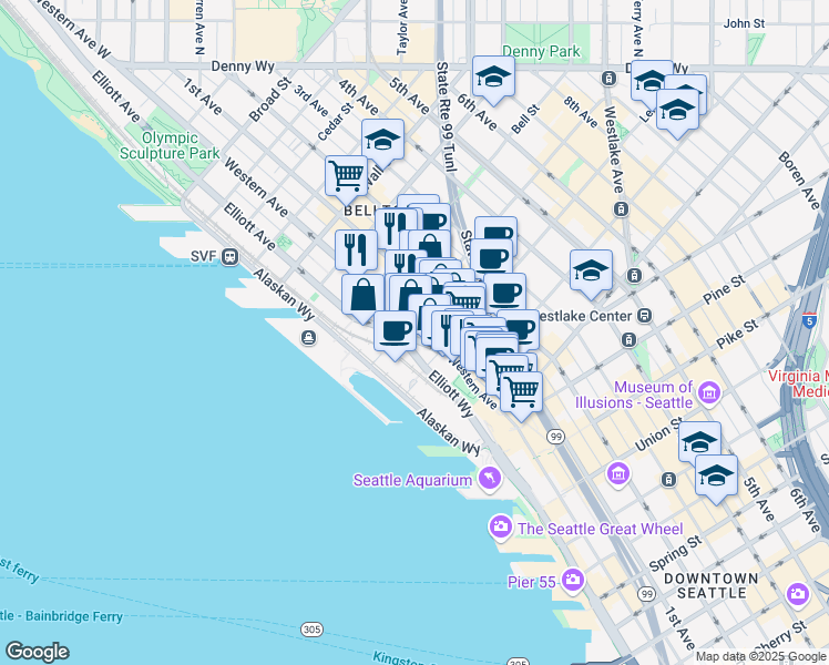map of restaurants, bars, coffee shops, grocery stores, and more near 2125 Western Avenue in Seattle