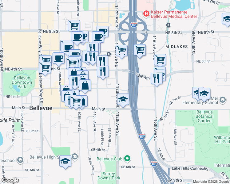 map of restaurants, bars, coffee shops, grocery stores, and more near 123 112th Avenue Northeast in Bellevue