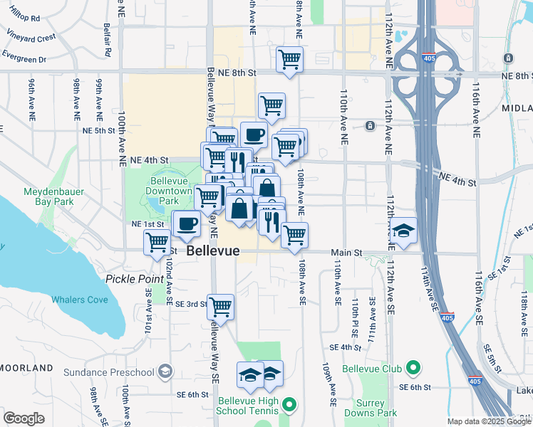 map of restaurants, bars, coffee shops, grocery stores, and more near 177 107th Avenue Northeast in Bellevue