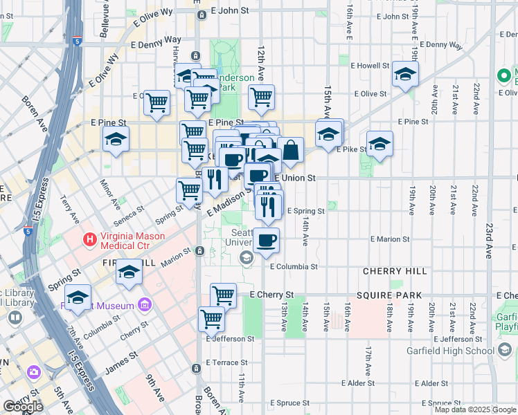 map of restaurants, bars, coffee shops, grocery stores, and more near 1106 East Spring Street in Seattle
