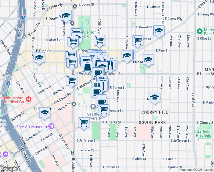 map of restaurants, bars, coffee shops, grocery stores, and more near 1220 East Spring Street in Seattle