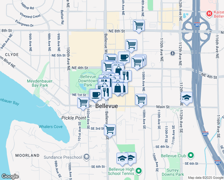 map of restaurants, bars, coffee shops, grocery stores, and more near 188 Bellevue Way Northeast in Bellevue