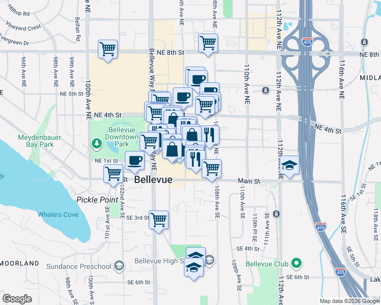map of restaurants, bars, coffee shops, grocery stores, and more near 162 106th Avenue Northeast in Bellevue