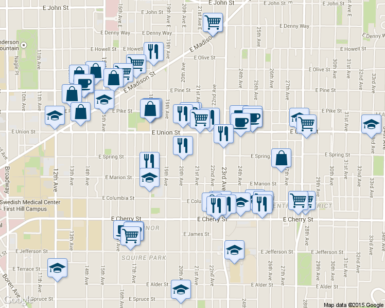 map of restaurants, bars, coffee shops, grocery stores, and more near 951 21st Avenue in Seattle
