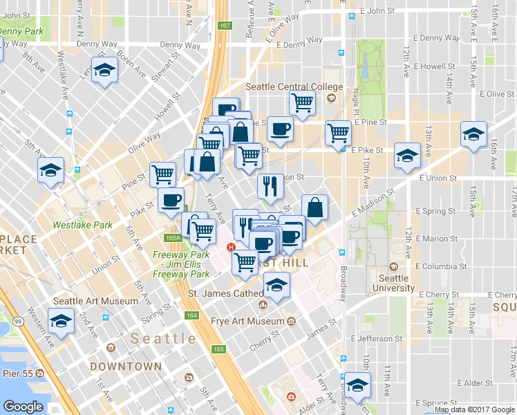 map of restaurants, bars, coffee shops, grocery stores, and more near 1220 Boren Avenue in Seattle