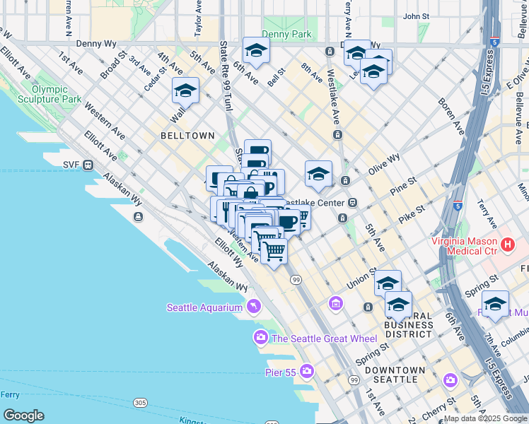 map of restaurants, bars, coffee shops, grocery stores, and more near 2016 1st Avenue in Seattle