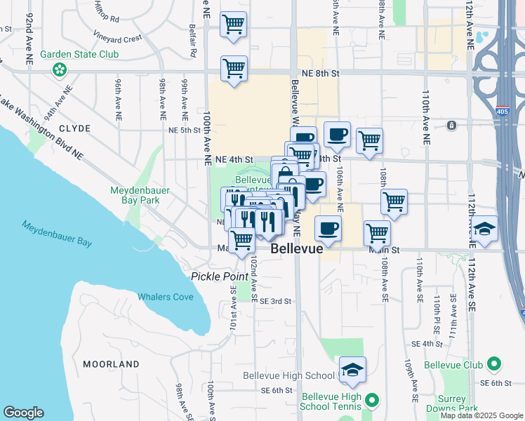 map of restaurants, bars, coffee shops, grocery stores, and more near 114 102nd Avenue Northeast in Bellevue