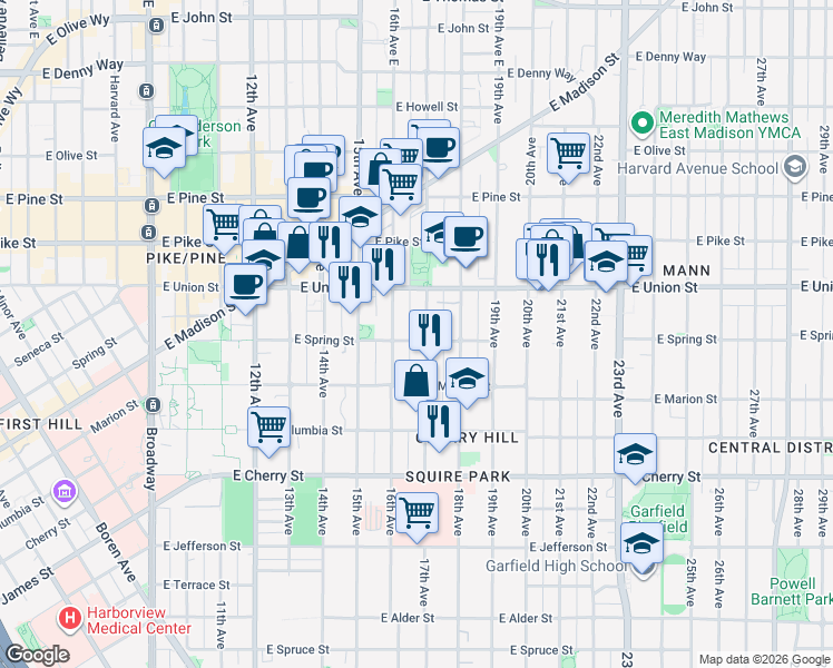 map of restaurants, bars, coffee shops, grocery stores, and more near 940 17th Avenue in Seattle