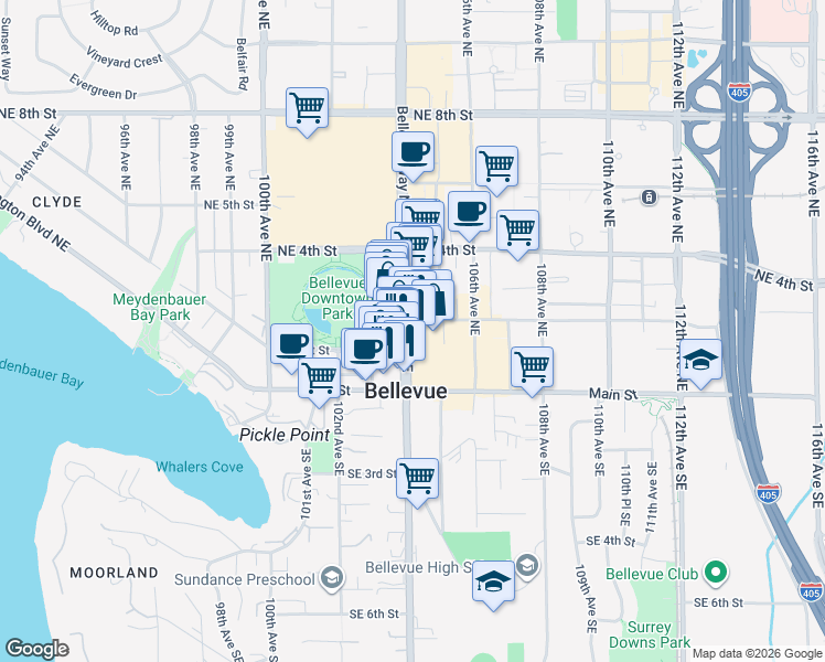 map of restaurants, bars, coffee shops, grocery stores, and more near 188 Bellevue Way Northeast in Bellevue