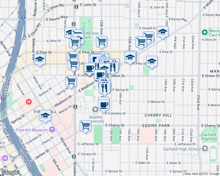 map of restaurants, bars, coffee shops, grocery stores, and more near 1220 East Spring Street in Seattle