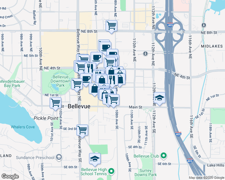 map of restaurants, bars, coffee shops, grocery stores, and more near 100 107th Avenue Northeast in Bellevue