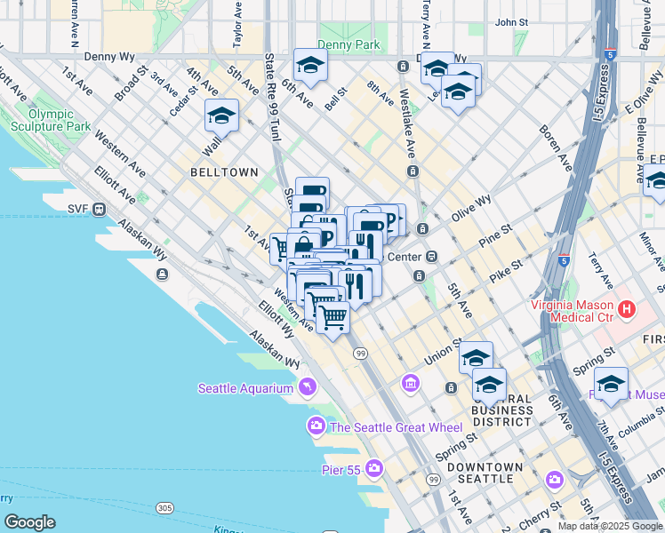 map of restaurants, bars, coffee shops, grocery stores, and more near 2nd Ave & Virginia St in Seattle