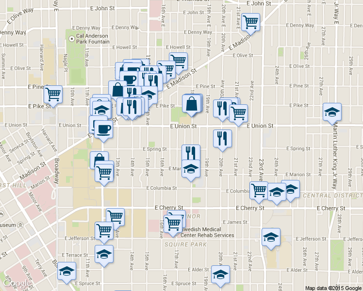 map of restaurants, bars, coffee shops, grocery stores, and more near 940 17th Avenue in Seattle