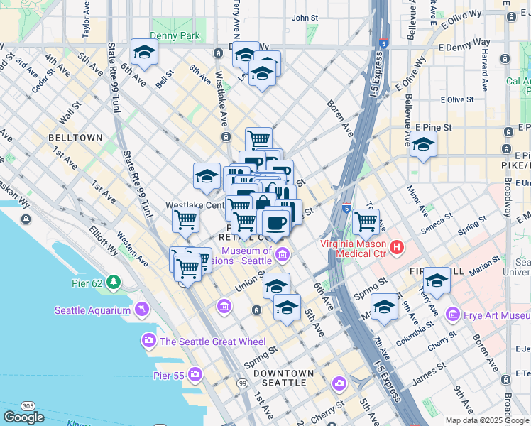 map of restaurants, bars, coffee shops, grocery stores, and more near 523 Pine Street in Seattle