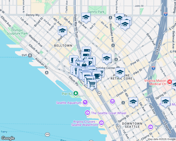 map of restaurants, bars, coffee shops, grocery stores, and more near 2015 2nd Avenue in Seattle