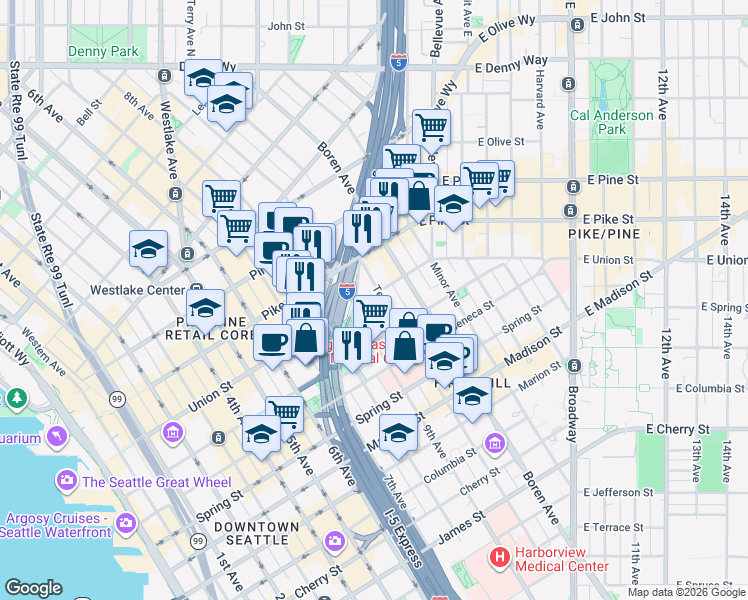 map of restaurants, bars, coffee shops, grocery stores, and more near 903 Union Street in Seattle