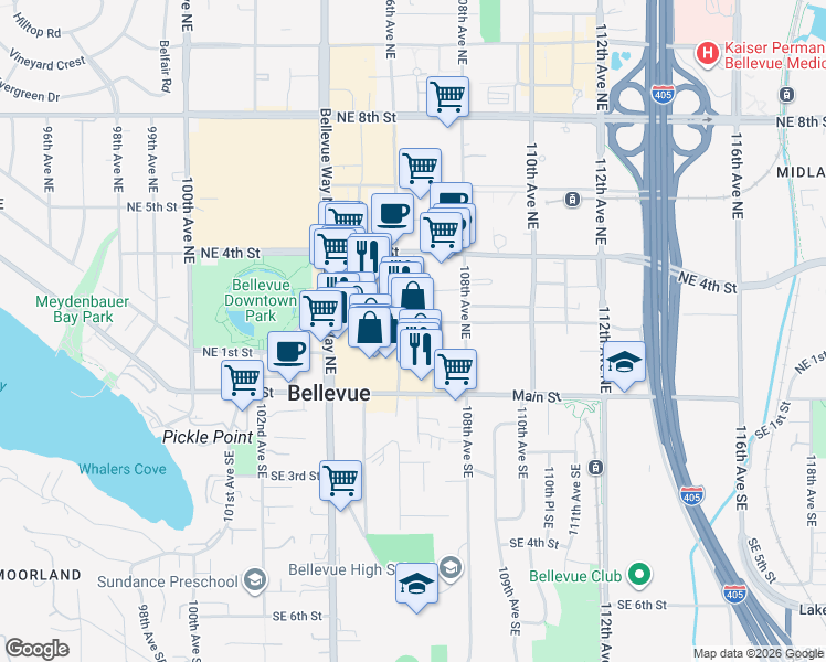 map of restaurants, bars, coffee shops, grocery stores, and more near 177 107th Avenue Northeast in Bellevue