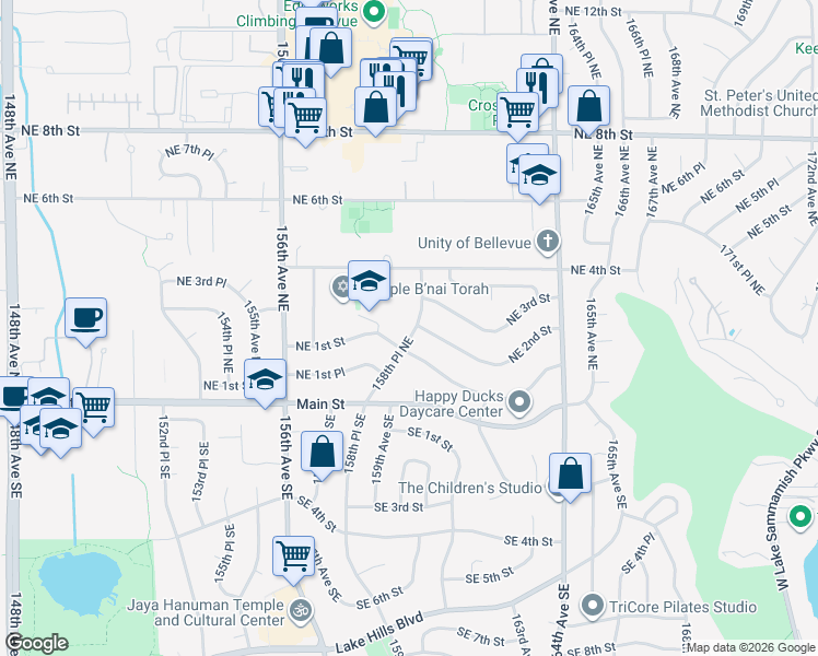 map of restaurants, bars, coffee shops, grocery stores, and more near 112 158th Place Southeast in Bellevue