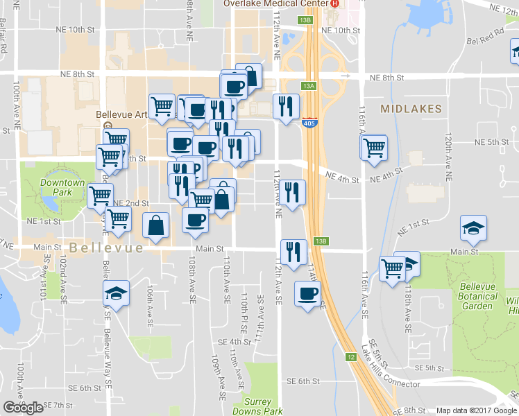 map of restaurants, bars, coffee shops, grocery stores, and more near 123 112th Avenue Northeast in Bellevue