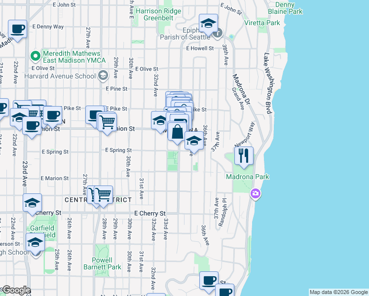 map of restaurants, bars, coffee shops, grocery stores, and more near 3403 East Spring Street in Seattle