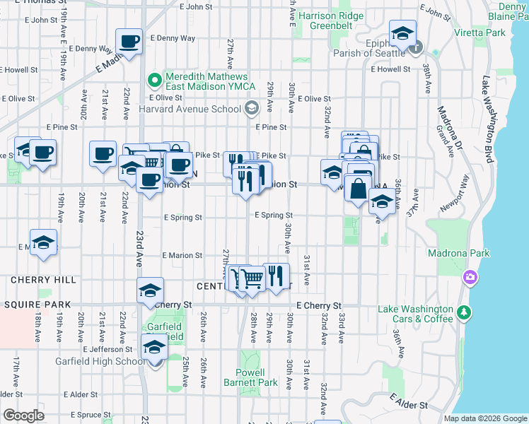 map of restaurants, bars, coffee shops, grocery stores, and more near 951 29th Avenue in Seattle