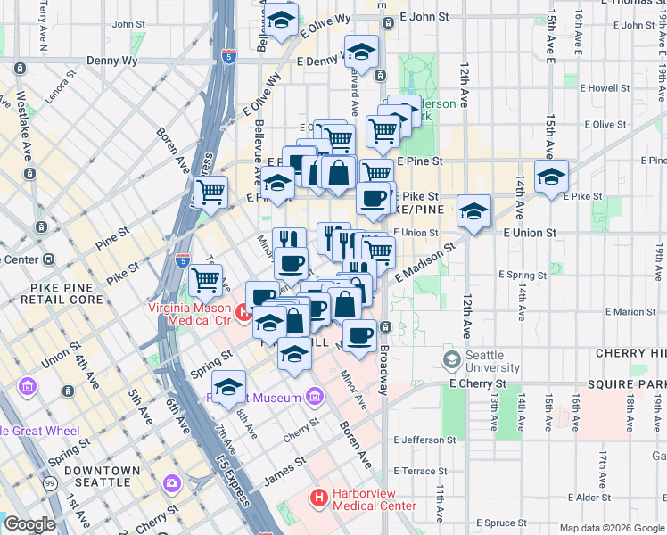 map of restaurants, bars, coffee shops, grocery stores, and more near 1321 Seneca Street in Seattle