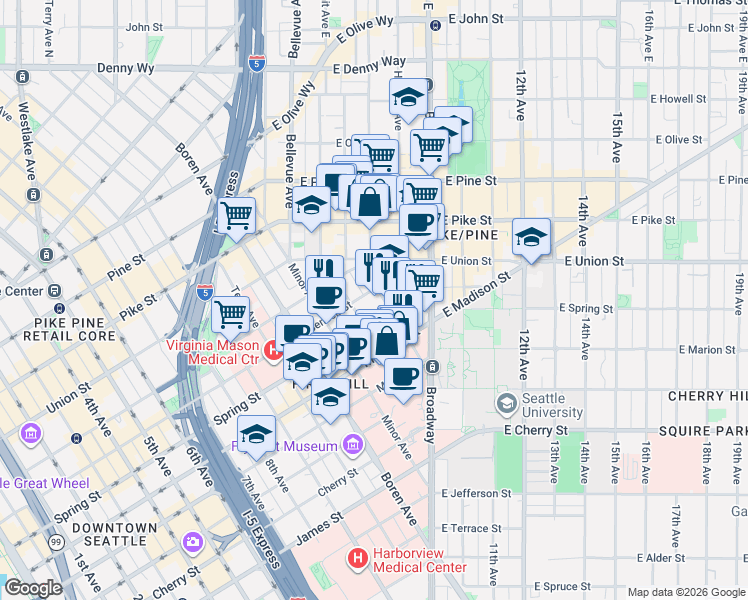 map of restaurants, bars, coffee shops, grocery stores, and more near 1321 Seneca Street in Seattle